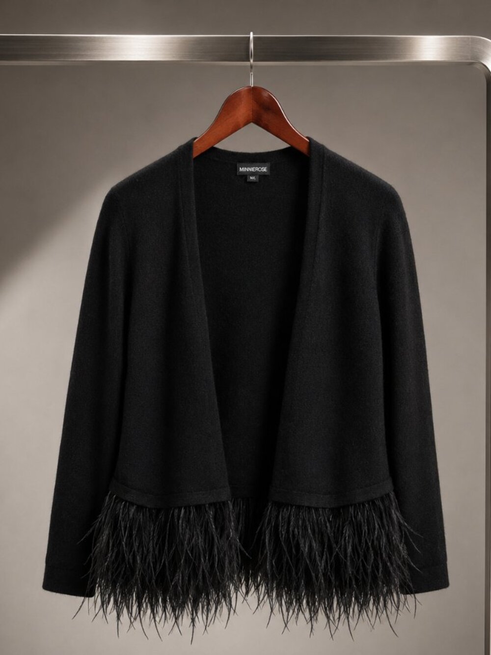 Minnie Rose 100% Cashmere Open Cardigan Ostrich Feather Hem Black XS